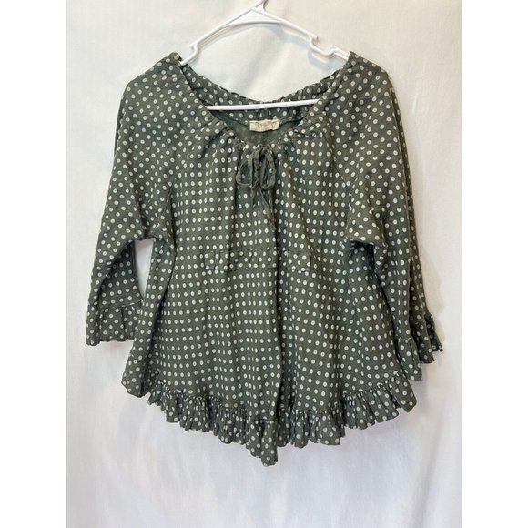 Talia Benson 100% Linen Made In Italy Blouse Polka Dot Ruffle S Green 3/4 Sleeve - Picture 1 of 3